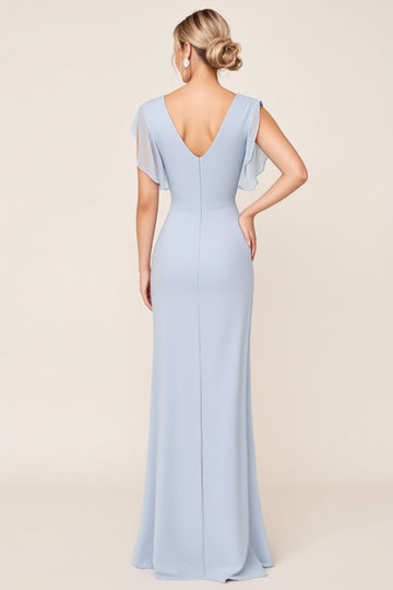 Light Blue Sheath Wrap V Neck Chiffon Long Bridesmaid Dress